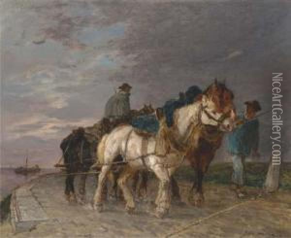 Pulling A Barge At The End Of The Day Oil Painting - Jules Hereau