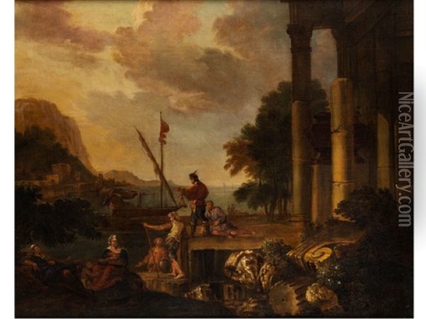 Landschaft Mit Ruinen, Figuren Und Booten In Einer Bucht Oil Painting - Jacob De Heusch