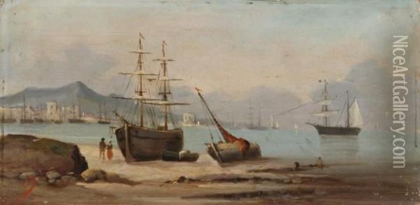 Bateaux Sur La Greve Dans Un Port Mediterraneen Oil Painting - A. Budin