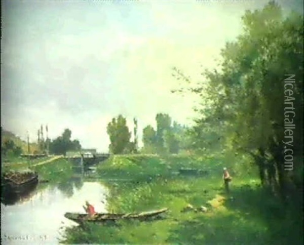 Franzosische Kanallandschaft Mit Fischer Oil Painting - Charles Theodore Sauvageot