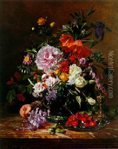 Still Life With Flowers And Strawberries On A Marble Ledge Oil Painting - David Emile Joseph de Noter