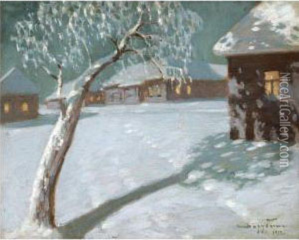 Village In Winter Oil Painting - Viktor Ivanovich Zarubin