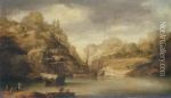 An Estuary With Loggers At A Northern Trading Post Oil Painting - Bonaventura, the Elder Peeters