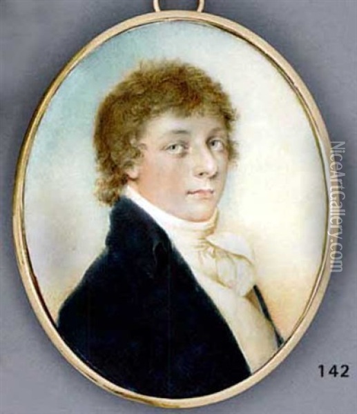 A Young Gentleman, In Blue Coat, White Waistcoat And Knotted Cravat Oil Painting - Charles Sherreff