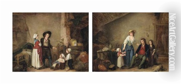 A Couple With A Boy Pushing A Girl In A Cart, In An Interior; And A Man Returning From The Hunt With A Mother And Her Children, In An Interior Oil Painting - Marc Antoine Bilcoq