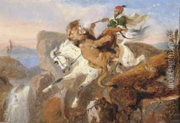 The Last Embrace Of Foes: A Bedouin Horseman Attacked By A Lion Oil Painting - Raden Sjarief B. Saleh