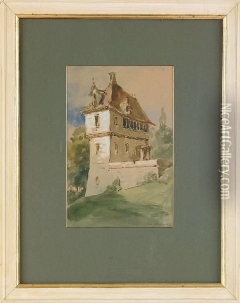 Sydlandsk Byggnad, Signerad F. W. Scholander, Akvarell, 21x14 Oil Painting - Fredrik Wilhelm Scholander