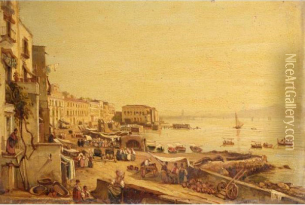 Naples, A View Of The Harbour With Vesuvius Beyond Oil Painting - Giacinto Gigante