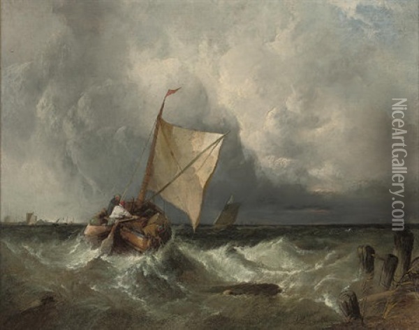 Off To The Fishing Grounds (+ A Fishing Barge In An Onshore Breeze; 2 Works) Oil Painting - Alfred Montague