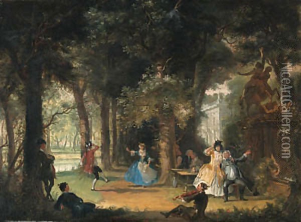 The garden of a mansion with elegant company making music and dancing Oil Painting - Cornelis Troost