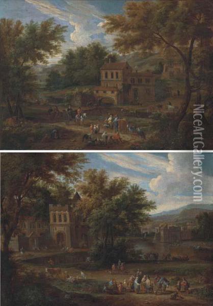 A River Landscape With Gentlemen And Peasants On A Path By Acastle; And A River Landscape With Peasants On A Path By Acottage Oil Painting - Mattijs Schoevaerdts