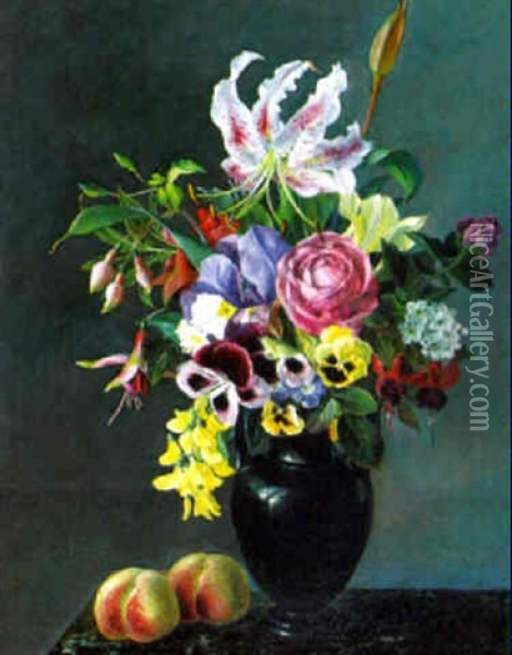 Stilleben Mit Blumen Und Pfirsischen Oil Painting - Alfrida Baadsgaard