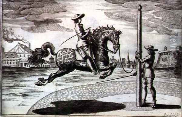 A Horse en Capriole from New Treatise for Breeding Horses written by Winters, Stuterey and Reit-Schul, engraved by the artist, pub. 1672 Oil Painting - Peter Paul Troschel