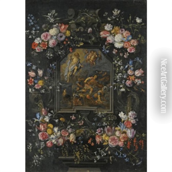 Garlands Of Flowers Surrounding A Stone Cartouche, Depicting The Resurrection Oil Painting - Abraham van Diepenbeeck
