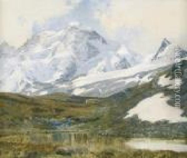 Schwarzsee Mit Kapelle Und Breithorn Oberhalb Von Zermatt. Oil Painting - Janus Andreas La Cour