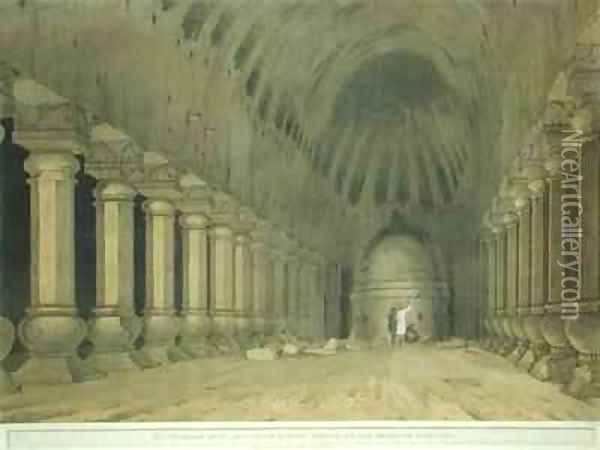 Interior of an Excavated Hindu Temple on the Island of Salsette Oil Painting - Thomas & William Daniell