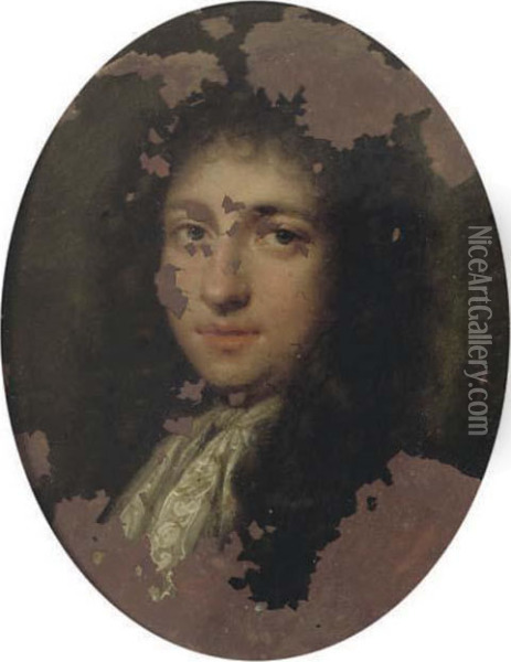A Gentleman Said To Be Robert Harley, 1st Earl Of Oxford And Earl Mortimer (1661-1724), In Lace Jabot And Long Curling Wig Oil Painting - Simon Dubois