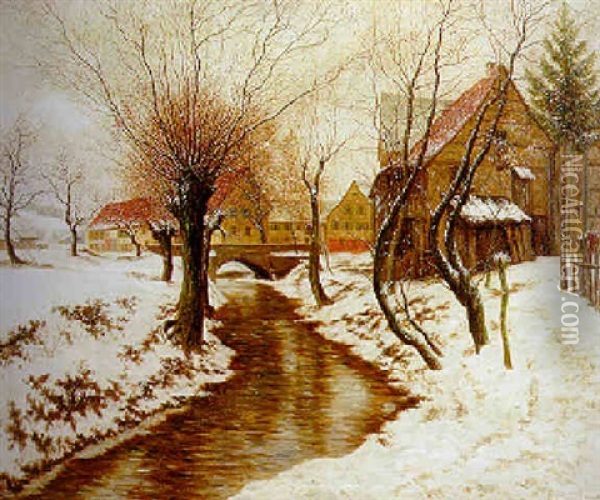 Winter In Oberensingen - Brucke Uber Die Aich Oil Painting - Julius Kornbeck
