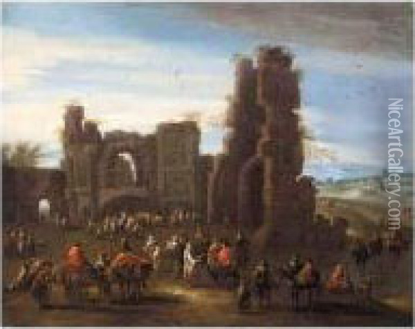 A Landscape With Travellers And Peasants Before Ruins Oil Painting - Mattijs Schoevaerdts