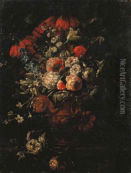 Roses, tulips, hyacinths and other flowers in a terracotta vase on a ledge Oil Painting - Gaspar Peeter The Elder Verbruggen