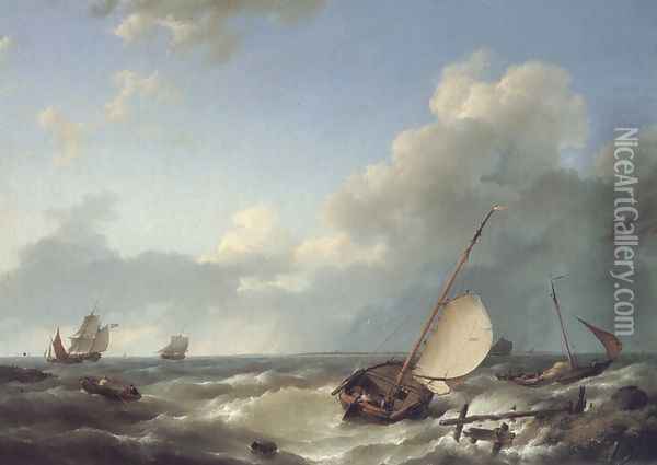Shipping in a stiff breeze Oil Painting - Johannes Hermanus Koekkoek Snr