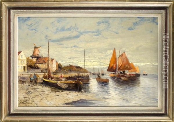 Fischer Am Hafen Einer Hollandischen Stadt Oil Painting - Georg Fischhof