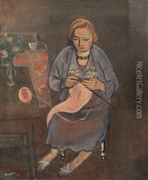 Woman Knitting Oil Painting - Georges (Karpeles) Kars
