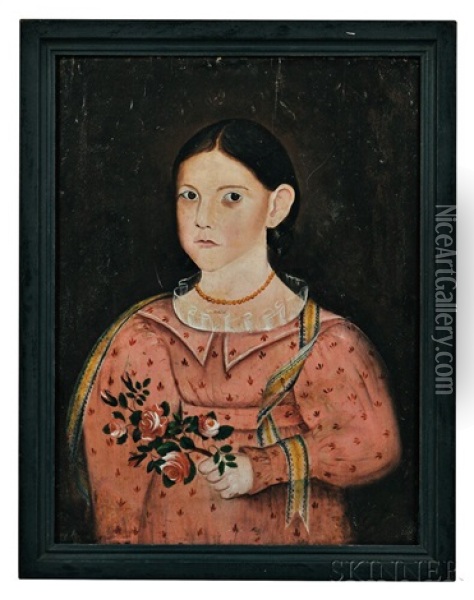 Portrait Of A Girl In A Pink Dress Holding A Rose Branch Oil Painting - Sheldon Peck