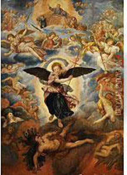 St. Michael Im Kampf Mit Dem Satan Oil Painting - Christoph Schwarz