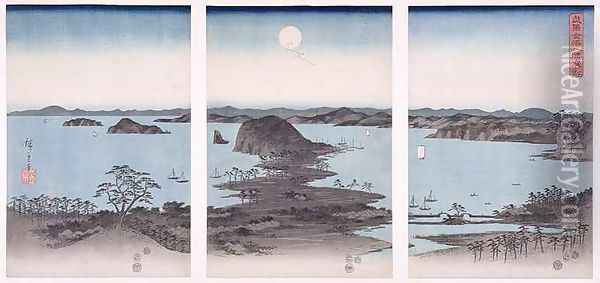 Panorama of Views of Kanazawa Under Full Moon from the series Snow Moon and Flowers Oil Painting - Utagawa or Ando Hiroshige