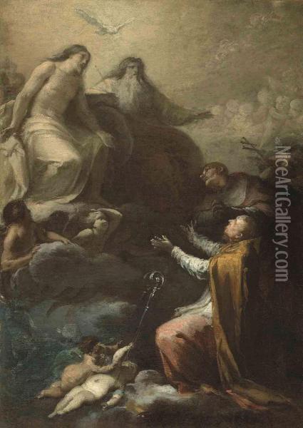 The Holy Trinity Appearing Before Saints Gregory Barbarigo And Carlo Borromeo Oil Painting - Niccolo Lapiccola