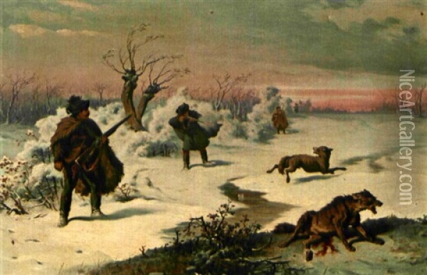 Bei Der Wolfsjagd Oil Painting - Anton (Josef A.) Strassgschwandtner