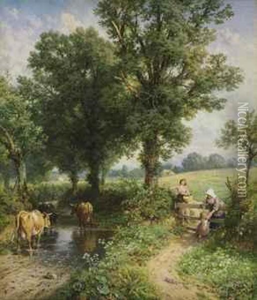 The Footpath By The Waterlane Oil Painting - Myles Birket Foster