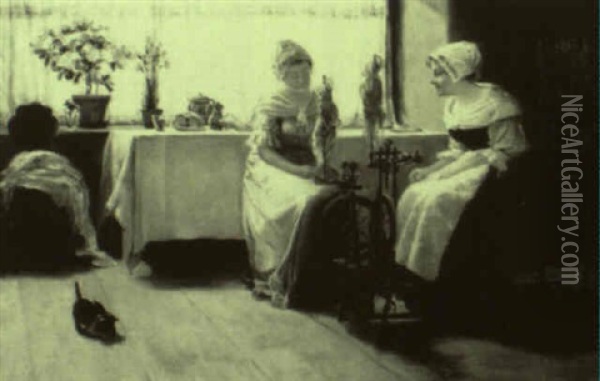 Interior Scene With Women Spinning Oil Painting - Eloise Polk Mcgill