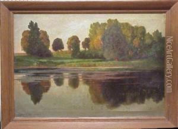 Landscape, Trees Reflected In Body Of Water Oil Painting - Adalbert Wex