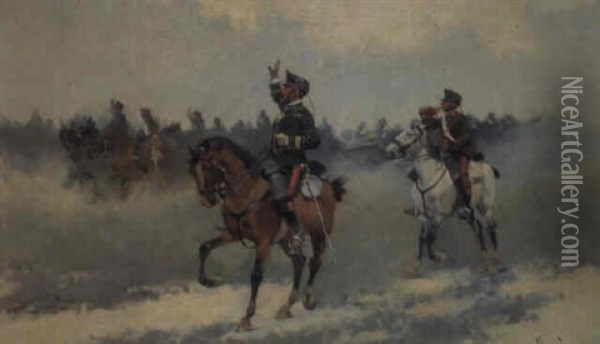 Militares A Caballo Oil Painting - Josep (Jose) Cusachs y Cusachs