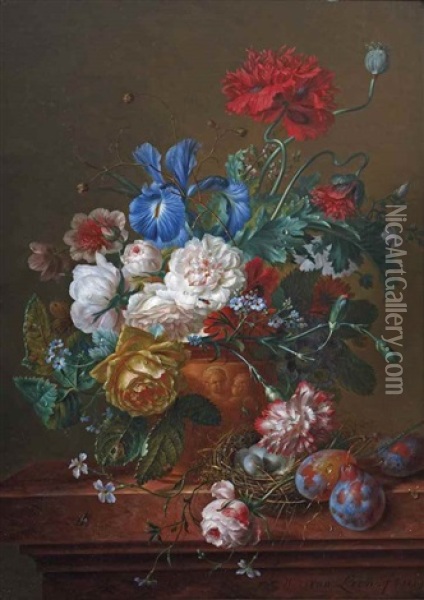 A Bouquet Of Roses, Poppies, Forget-me-nots, Irises And Carnations In An Earthenwear Vase With Prunes And A Bird's Nest On A Ledge Oil Painting - Willem van Leen