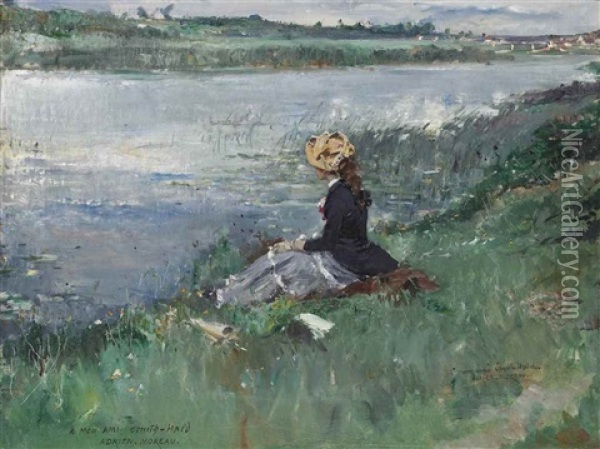 Contemplation On The Riverbank Oil Painting - Adrien Moreau