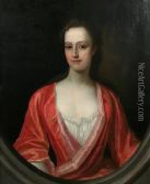 Portrait Of A Lady, Half Length,
 Believed To Be Margaret Verney (died 1774), Wearing Red Gown, In 
Painted Oval Oil Painting - Enoch Seeman