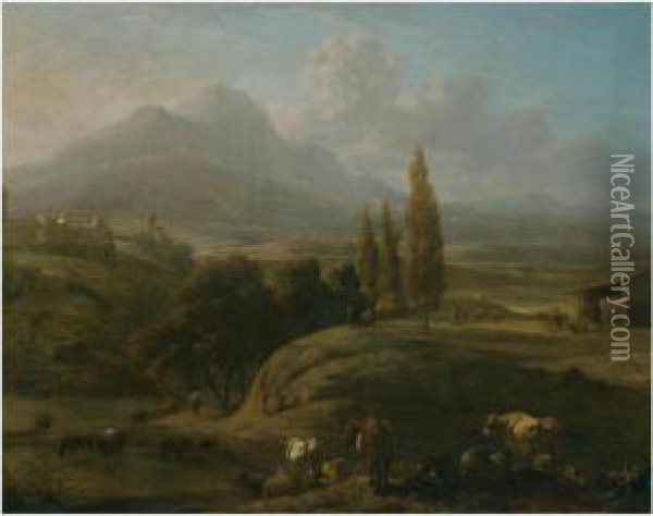 A Panoramic Landscape With Herders And Their Cattle In Theforeground Oil Painting - Willem Romeyn