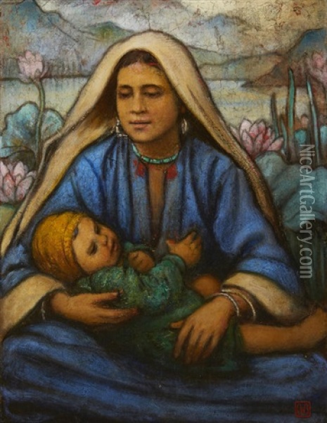 A Mother And Child, Kashmir Oil Painting - Charles William Bartlett