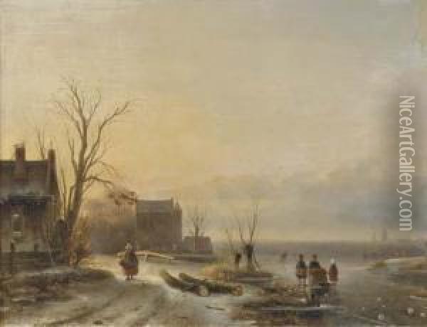 Figures On The Ice At Dusk Oil Painting - Cornelis Petrus 't Hoen