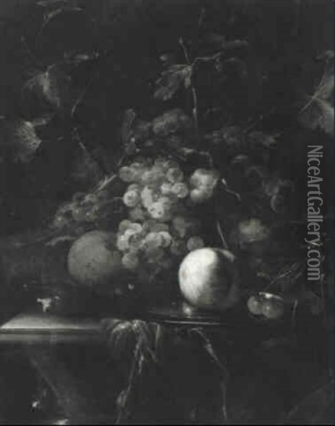 Still Life With Fruit On A Pewter Plate Resting On A Draped Table Oil Painting - Alexander Coosemans