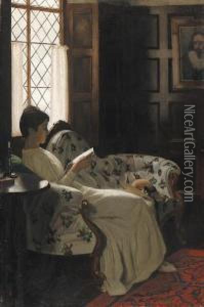 Portrait Of The Artist's Wife, Orah, Reading In A Panelledinterior Oil Painting - Stanley Thompson