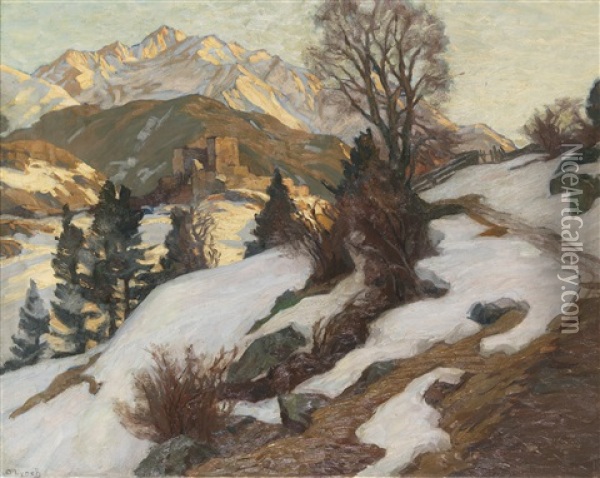Alpenlandschaft Mit Burgruine Im Vorfruhling Oil Painting - Carl (Karl, Charles) O'Lynch of Town