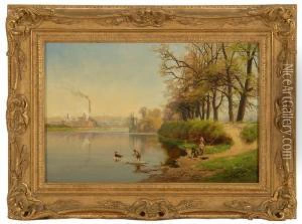River Landscape With Children And Dog Oil Painting - Charlie Wilde