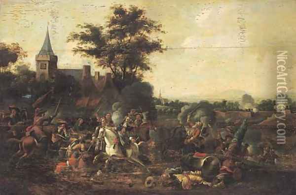A cavalry engagement outside a walled city Oil Painting - August Querfurt