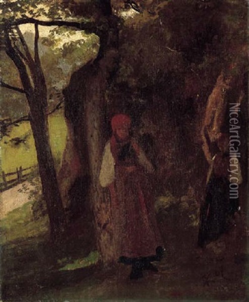 Zwei Haslitaler Madchen Unter Baumen Oil Painting - Johann Rudolf Koller