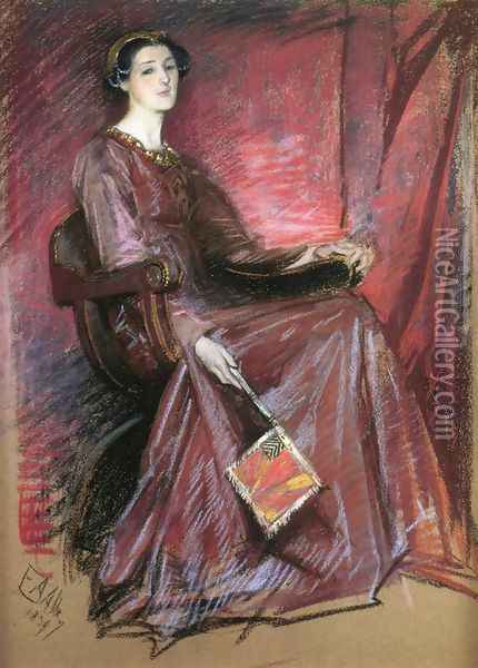 Seated Woman Wearing Elizabethan Headdress Oil Painting - Edwin Austin Abbey