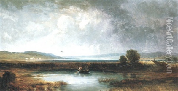 Voralpenlandschaft Mit Einem Fischerboot Im Schilf Oil Painting - Eduard Schleich the Elder